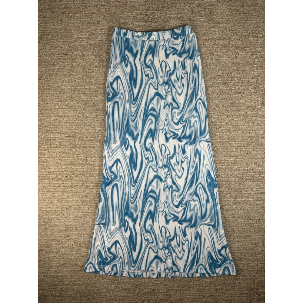 Cider Blue White Marble Swirl Plisse Maxi Skirt High Waist XS